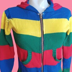 XS Vintage Hoodie Sweater Women's Rainbow Striped Knit Zip-Up Pockets 70's Hippy